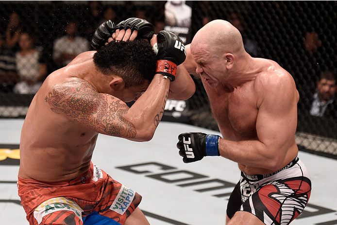 GOIANIA, BRAZIL - MAY 30: Ryan Jimmo of Canada punches Francimar Barroso of Brazil in their light heavyweight UFC bout during the UFC Fight Night event at Arena Goiania on May 30, 2015 in Goiania. (Photo by Buda Mendes/Zuffa LLC/Zuffa LLC via Getty Imag