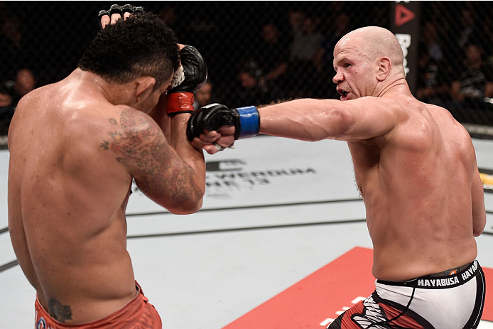 GOIANIA, BRAZIL - MAY 30: Ryan Jimmo of Canada punches Francimar Barroso of Brazil in their light heavyweight UFC bout during the UFC Fight Night event at Arena Goiania on May 30, 2015 in Goiania. (Photo by Buda Mendes/Zuffa LLC/Zuffa LLC via Getty Imag