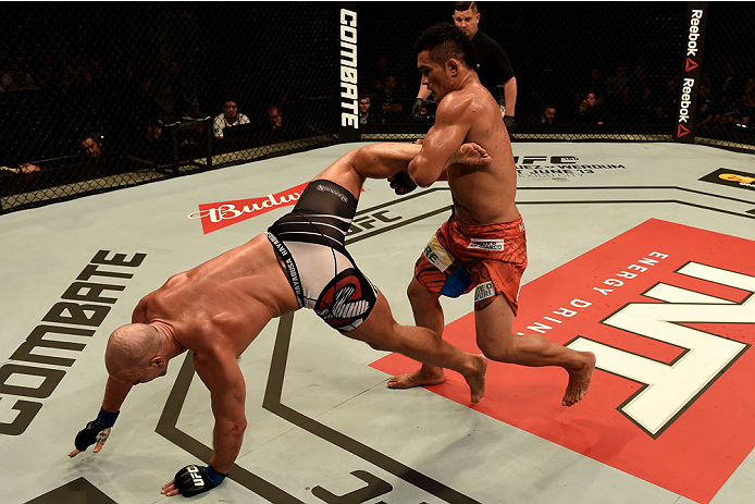 GOIANIA, BRAZIL - MAY 30: Ryan Jimmo of Canada and Francimar Barroso of Brazil in their light heavyweight UFC bout during the UFC Fight Night event at Arena Goiania on May 30, 2015 in Goiania. (Photo by Buda Mendes/Zuffa LLC/Zuffa LLC via Getty Images)