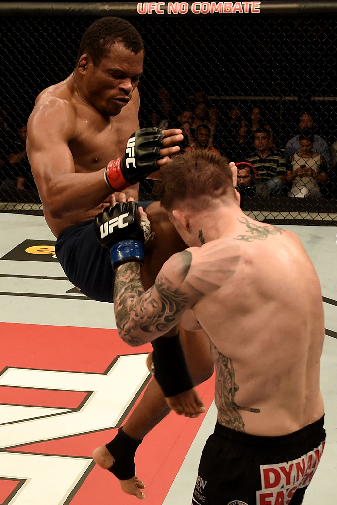 GOIANIA, BRAZIL - MAY 30: Francisco Trinaldo of Brazil kicks Norman Parke of Northern Ireland in their lightweight UFC bout during the UFC Fight Night event at Arena Goiania on May 30, 2015 in Goiania. (Photo by Buda Mendes/Zuffa LLC/Zuffa LLC via Getty