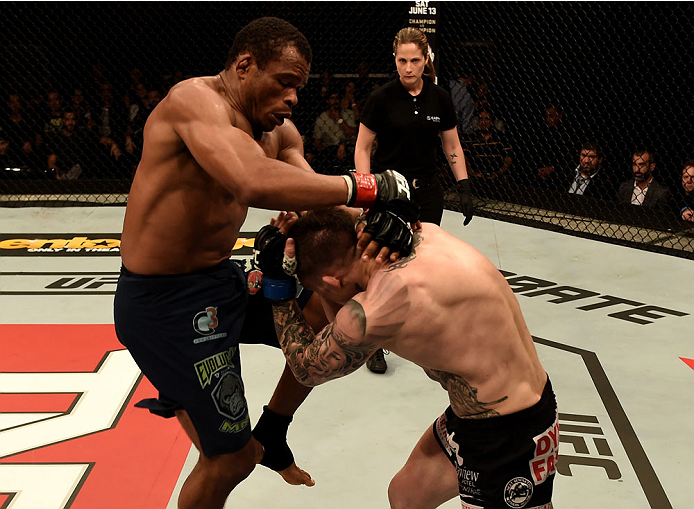 GOIANIA, BRAZIL - MAY 30: Francisco Trinaldo of Brazil kicks Norman Parke of Northern Ireland in their lightweight UFC bout during the UFC Fight Night event at Arena Goiania on May 30, 2015 in Goiania. (Photo by Buda Mendes/Zuffa LLC/Zuffa LLC via Getty