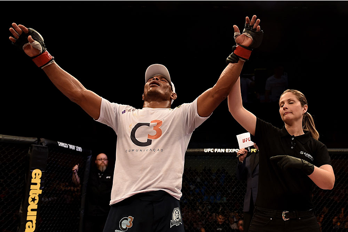 GOIANIA, BRAZIL - MAY 30: Francisco Trinaldo of Brazil celebrates victore over Norman Parke of Northern Ireland in their lightweight UFC bout during the UFC Fight Night event at Arena Goiania on May 30, 2015 in Goiania. (Photo by Buda Mendes/Zuffa LLC/