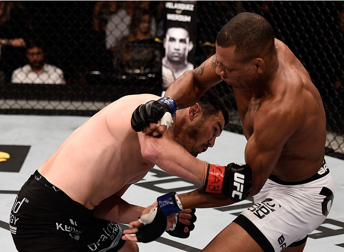GOIANIA, BRAZIL - MAY 30: KJ Noons of the United States and Alex Oliveira of Brazil in their welterweight UFC bout during the UFC Fight Night event at Arena Goiania on May 30, 2015 in Goiania. (Photo by Buda Mendes/Zuffa LLC/Zuffa LLC via Getty Images)