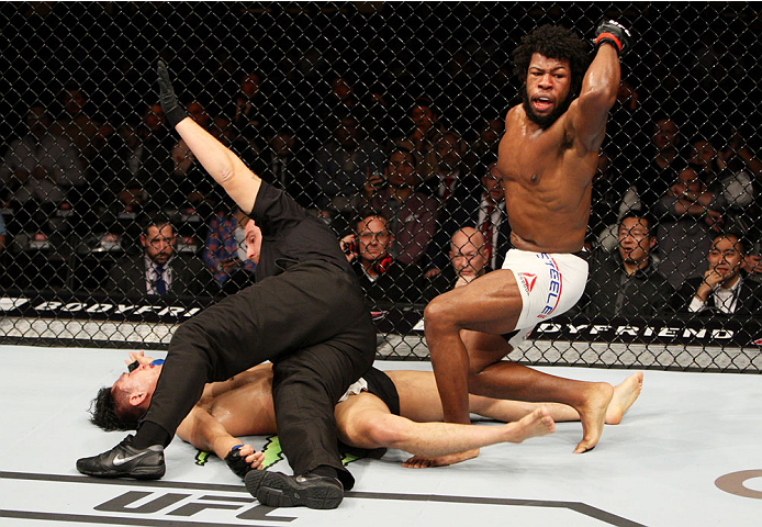 SEOUL, SOUTH KOREA - NOVEMBER 28: Dominique Steele of the United States of America celebrates his win over Dong Hyun Kim of South Korea which led to a knockout in their lightweight bout during the UFC Fight Night at the Olympic Park Gymnastics Arena on N