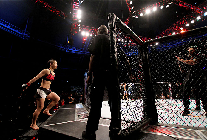 SEOUL, SOUTH KOREA - NOVEMBER 28: Seohee Ham of South Korea before she enters the cage to take on Cortney Casey of the United States of America in their strawweight bout during the UFC Fight Night at the Olympic Park Gymnastics Arena on November 28, 2015