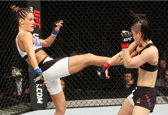 SEOUL, SOUTH KOREA - NOVEMBER 28: Cortney Casey of the United States of America kicks Seohee Ham of South Korea in their strawweight bout during the UFC Fight Night at the Olympic Park Gymnastics Arena on November 28, 2015 in Seoul, South Korea. (Photo b
