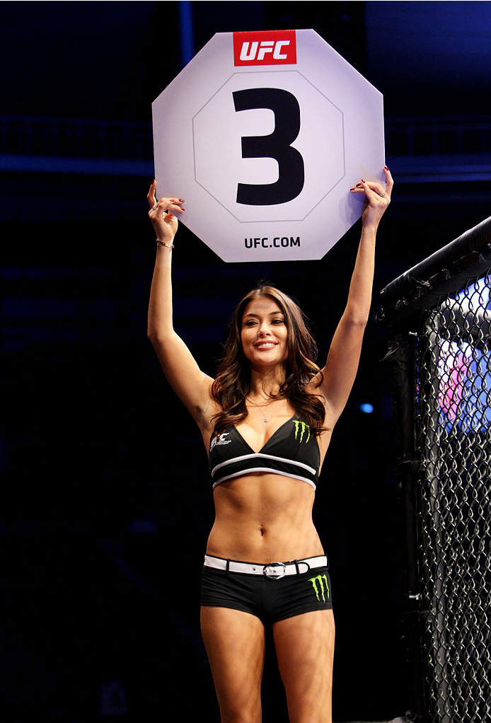 SEOUL, SOUTH KOREA - NOVEMBER 28: UFC Octagon girl Arianny Celeste in between rounds during the UFC Fight Night at the Olympic Park Gymnastics Arena on November 28, 2015 in Seoul, South Korea. (Photo by Mitch Viquez/Zuffa LLC/Zuffa LLC via Getty Images)