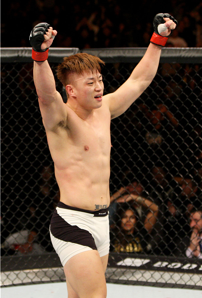 SEOUL, SOUTH KOREA - NOVEMBER 28: Dongi Yang of South Korea reacts after his win over Jake Collier of the United States of America in their middleweight bout during the UFC Fight Night at the Olympic Park Gymnastics Arena on November 28, 2015 in Seoul,