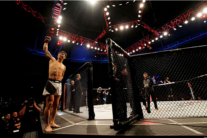 SEOUL, SOUTH KOREA - NOVEMBER 28: Doo Ho Choi of South Korea before he steps in the octagon to take on Sam Sicilia of the United States of America in their featherweight bout during the UFC Fight Night at the Olympic Park Gymnastics Arena on November 28