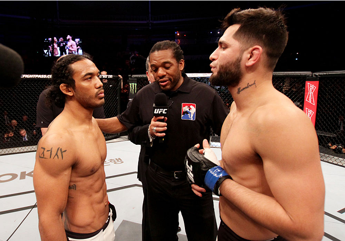 SEOUL, SOUTH KOREA - NOVEMBER 28: (From L to R) Benson Henderson of the United States of America and Jorge Masvidal of the United States of America face off before their welterweight bout during the UFC Fight Night at the Olympic Park Gymnastics Arena on