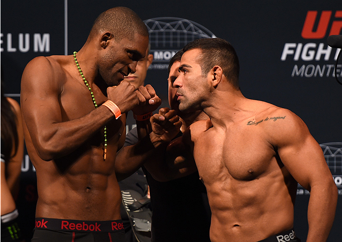 MONTERREY, MEXICO - NOVEMBER 20: (L-R) Opponents Valmir Lazaro and Michel Prazeres of Brazil face off during the UFC weigh-in at the Arena Monterrey on November 20, 2015 in Monterrey, Mexico. (Photo by Jeff Bottari/Zuffa LLC/Zuffa LLC via Getty Images)