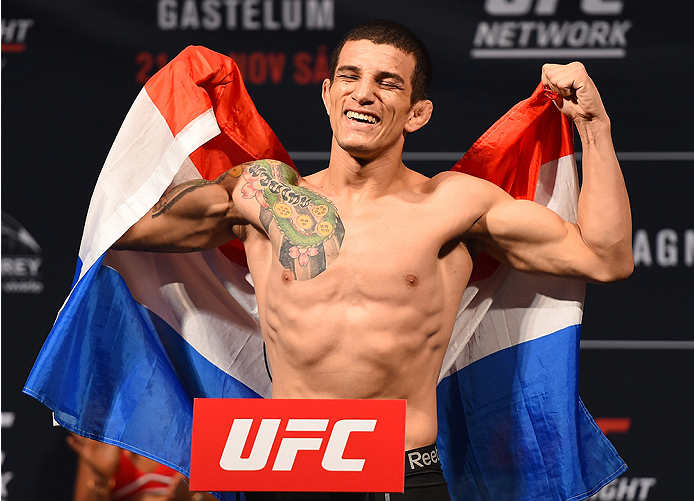 MONTERREY, MEXICO - NOVEMBER 20: Cesar Arzamendia of Paraguay weighs in during the UFC weigh-in at the Arena Monterrey on November 20, 2015 in Monterrey, Mexico. (Photo by Jeff Bottari/Zuffa LLC/Zuffa LLC via Getty Images)