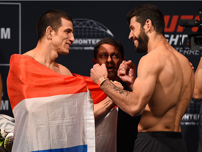 MONTERREY, MEXICO - NOVEMBER 20: (L-R) Opponents Cesar Arzamendia of Paraguay and Polo Reyes of Mexico face off during the UFC weigh-in at the Arena Monterrey on November 20, 2015 in Monterrey, Mexico. (Photo by Jeff Bottari/Zuffa LLC/Zuffa LLC via Getty