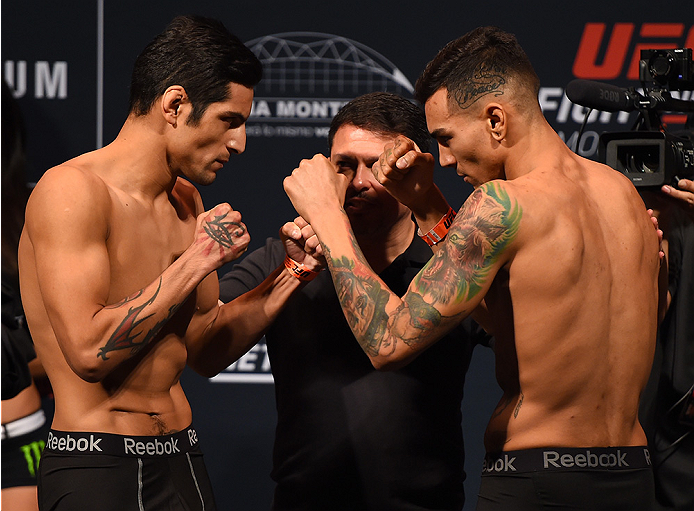 MONTERREY, MEXICO - NOVEMBER 20: (L-R) Opponents Gabriel Benitez of Mexico and Andre Fili of the United States face off during the UFC weigh-in at the Arena Monterrey on November 20, 2015 in Monterrey, Mexico. (Photo by Jeff Bottari/Zuffa LLC/Zuffa LLC v