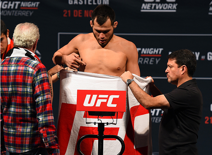MONTERREY, MEXICO - NOVEMBER 20: Hector Urbina of Mexico weighs in during the UFC weigh-in at the Arena Monterrey on November 20, 2015 in Monterrey, Mexico. (Photo by Jeff Bottari/Zuffa LLC/Zuffa LLC via Getty Images)