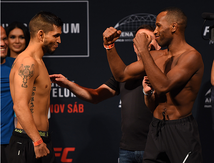 MONTERREY, MEXICO - NOVEMBER 20: (L-R) Opponents Efrain Escudero of Mexico and Leandro Silva of Brazil face off during the UFC weigh-in at the Arena Monterrey on November 20, 2015 in Monterrey, Mexico. (Photo by Jeff Bottari/Zuffa LLC/Zuffa LLC via Getty