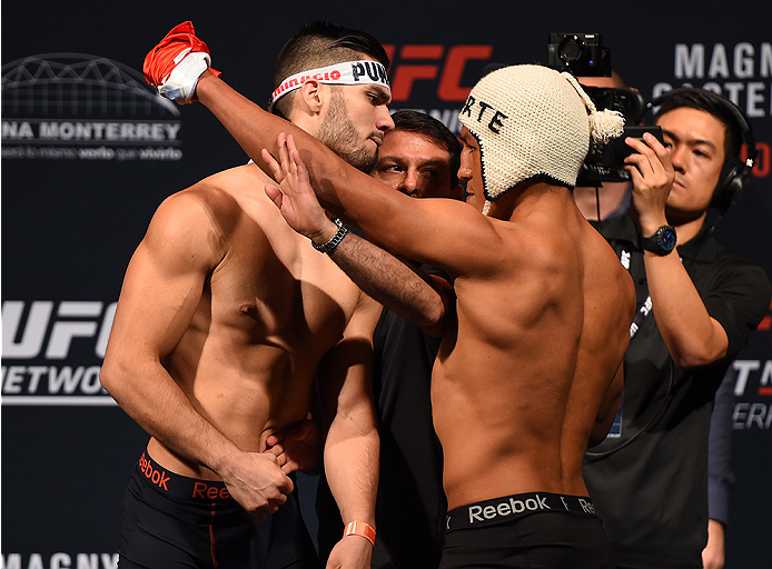 MONTERREY, MEXICO - NOVEMBER 20: (L-R) Opponents Horacio Gutierrez of Mexico and Enrique Barzola of Peru face off during the UFC weigh-in at the Arena Monterrey on November 20, 2015 in Monterrey, Mexico. (Photo by Jeff Bottari/Zuffa LLC/Zuffa LLC via Ge