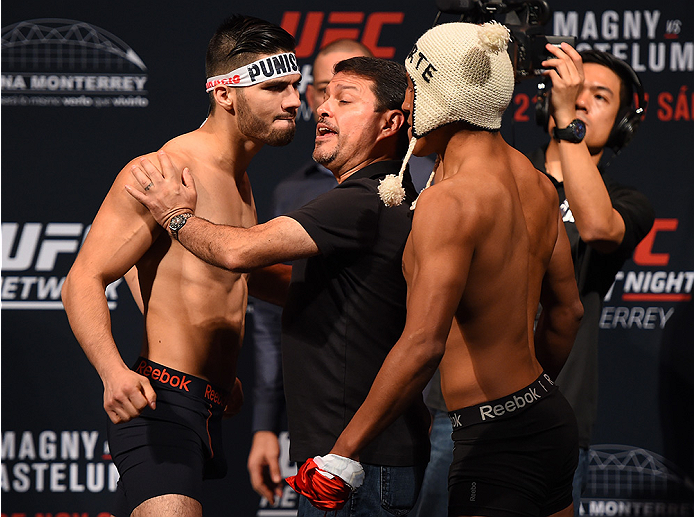MONTERREY, MEXICO - NOVEMBER 20: (L-R) Opponents Horacio Gutierrez of Mexico and Enrique Barzola of Peru face off during the UFC weigh-in at the Arena Monterrey on November 20, 2015 in Monterrey, Mexico. (Photo by Jeff Bottari/Zuffa LLC/Zuffa LLC via Ge
