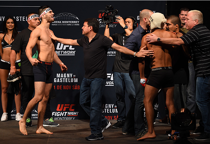 MONTERREY, MEXICO - NOVEMBER 20: (L-R) Opponents Horacio Gutierrez of Mexico and Enrique Barzola of Peru face off during the UFC weigh-in at the Arena Monterrey on November 20, 2015 in Monterrey, Mexico. (Photo by Jeff Bottari/Zuffa LLC/Zuffa LLC via Ge
