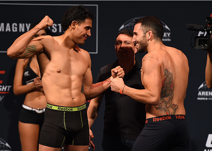 MONTERREY, MEXICO - NOVEMBER 20: (L-R) Opponents Erick Montano of Mexico and Enrique Marin of Spain face off during the UFC weigh-in at the Arena Monterrey on November 20, 2015 in Monterrey, Mexico. (Photo by Jeff Bottari/Zuffa LLC/Zuffa LLC via Getty I