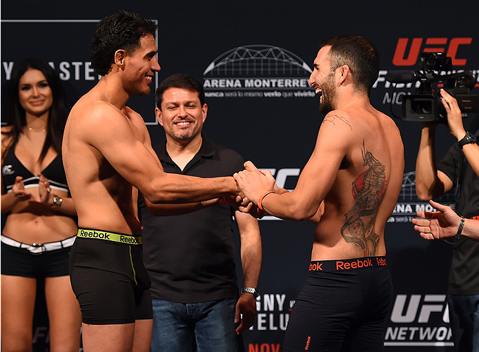 MONTERREY, MEXICO - NOVEMBER 20: (L-R) Opponents Erick Montano of Mexico and Enrique Marin of Spain face off during the UFC weigh-in at the Arena Monterrey on November 20, 2015 in Monterrey, Mexico. (Photo by Jeff Bottari/Zuffa LLC/Zuffa LLC via Getty I