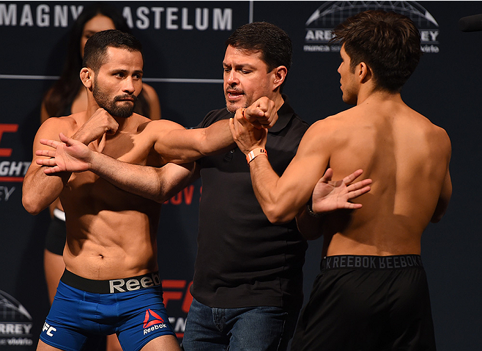 MONTERREY, MEXICO - NOVEMBER 20: (L-R) Opponents Jussier Formiga of Brazil and Henry Cejudo of the United States face off during the UFC weigh-in at the Arena Monterrey on November 20, 2015 in Monterrey, Mexico. (Photo by Jeff Bottari/Zuffa LLC/Zuffa LLC