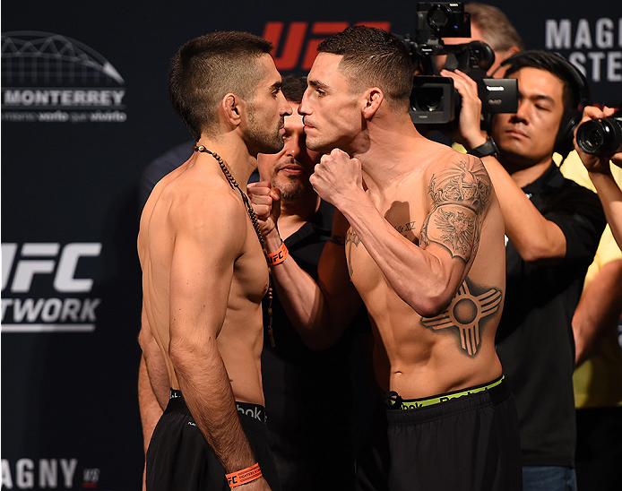 MONTERREY, MEXICO - NOVEMBER 20: (L-R) Opponents Ricardo Lamas of the United States and Diego Sanchez of the United States face off during the UFC weigh-in at the Arena Monterrey on November 20, 2015 in Monterrey, Mexico. (Photo by Jeff Bottari/Zuffa LLC