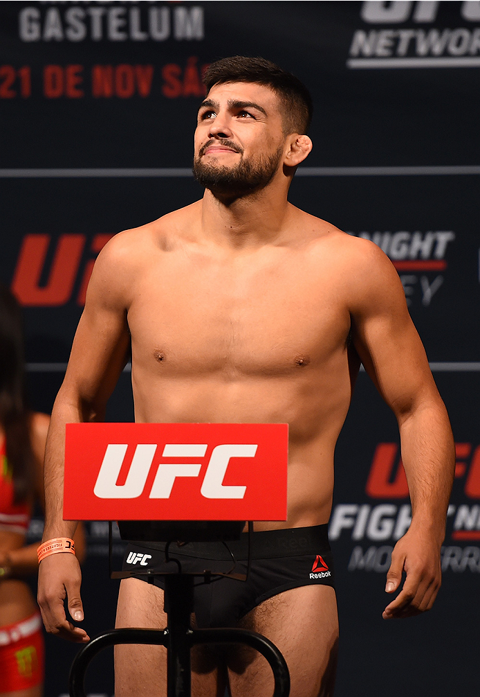 MONTERREY, MEXICO - NOVEMBER 20: Kelvin Gastelum of the United States weighs in during the UFC weigh-in at the Arena Monterrey on November 20, 2015 in Monterrey, Mexico. (Photo by Jeff Bottari/Zuffa LLC/Zuffa LLC via Getty Images)