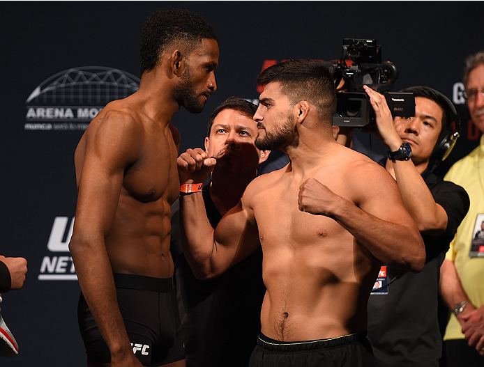 MONTERREY, MEXICO - NOVEMBER 20: (L-R) Opponents Neil Magny of the United States and Kelvin Gastelum of the United States face off during the UFC weigh-in at the Arena Monterrey on November 20, 2015 in Monterrey, Mexico. (Photo by Jeff Bottari/Zuffa LLC/