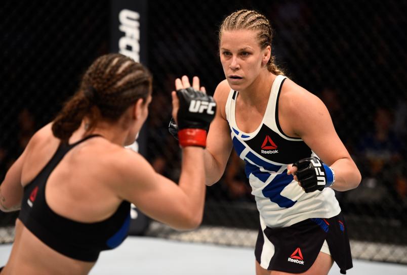 SIOUX FALLS, SD - JULY 13: (R-L) Katlyn Chookagian circles Lauren Murphy in their women's bantamweight bout during the UFC Fight Night event on July 13, 2016 at Denny Sanford Premier Center in Sioux Falls, South Dakota. (Photo by Jeff Bottari/Zuffa LLC via Getty Images)