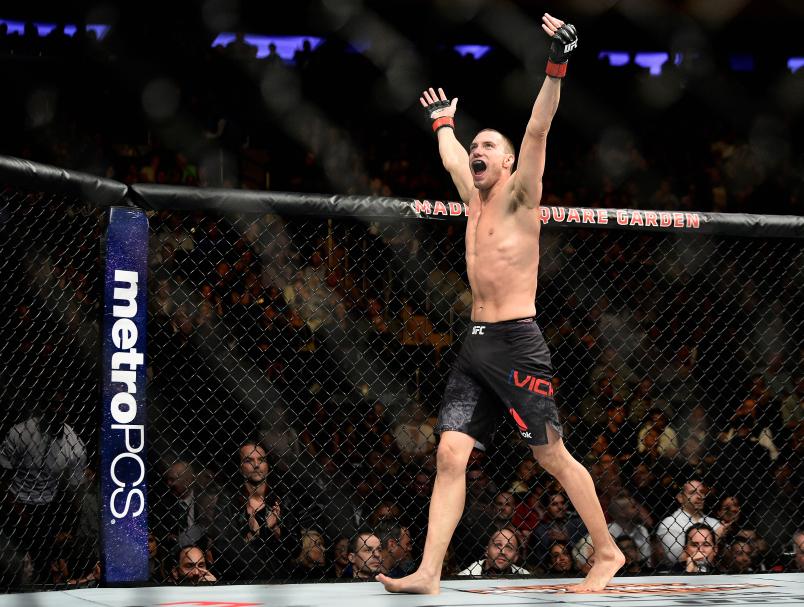 NEW YORK, NY - NOVEMBER 04: James Vick celebrates after bringing down Joe Duffy of Ireland in their lightweight bout during the UFC 217 event at Madison Square Garden on November 4, 2017 in New York City. (Photo by Jeff Bottari/Zuffa LLC/Zuffa LLC via Getty Images)