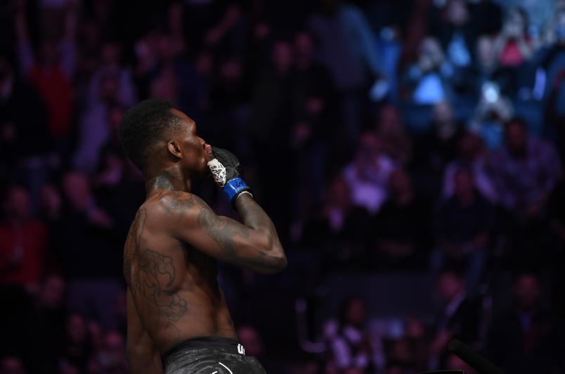 NEW YORK, NY - NOVEMBER 03: Israel Adesanya of Nigeria celebrates his TKO victory over Derek Brunson in their middleweight bout during the UFC 230 event inside Madison Square Garden on November 3, 2018 in New York, New York. (Photo by Jeff Bottari/Zuffa LLC via Getty Images)
