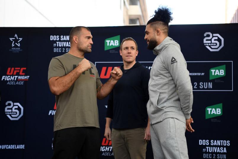 ADELAIDE, AUSTRALIA - NOVEMBER 27: (L-R) Mauricio Rua of Brazil and Tyson Pedro of Australia face off for fans and media during the UFC Fight Night Open Workouts event at Gawler Place Canopy - Rundle Mall on November 28, 2018 in Adelaide, Australia. (Photo by Jeff Bottari/Zuffa LLC/Zuffa LLC via Getty Images)