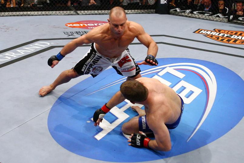 LAS VEGAS - MAY 23: Matt Serra (L) battles Matt Hughes (R) during their Welterweight bout at UFC 98: Evans vs Machida at the MGM Grand Garden Arena on May 23, 2009 in Las Vegas, Nevada. (Photo by Al Bello/Zuffa, LLC via Getty Images)