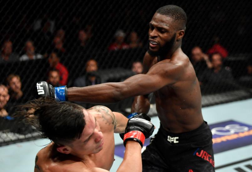 LOS ANGELES, CA - AUGUST 04: (R-L) Montel Jackson punches Ricky Simon in their bantamweight fight during the UFC 227 event inside Staples Center on August 4, 2018 in Los Angeles, California. (Photo by Jeff Bottari/Zuffa LLC/Zuffa LLC via Getty Images)