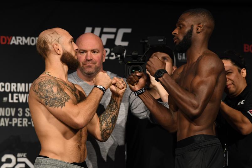 NEW YORK, NEW YORK - NOVEMBER 02: Opponents Brian Kelleher and Montel Jackson face off during the UFC 230 weigh-in inside Hulu Theater at Madison Square Garden on November 2, 2018 in New York, New York. (Photo by Jeff Bottari/Zuffa LLC/Zuffa LLC via Getty Images)
