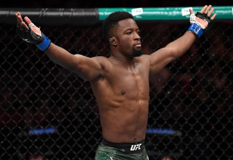 ADELAIDE, AUSTRALIA - DECEMBER 02: Sodiq Yusuff celebrates after his TKO victory over Suman Mokhtarian of Australia in their featherweight bout during the UFC Fight Night event inside Adelaide Entertainment Centre on December 2, 2018 in Adelaide, Australia. (Photo by Jeff Bottari/Zuffa LLC/Zuffa LLC via Getty Images)
