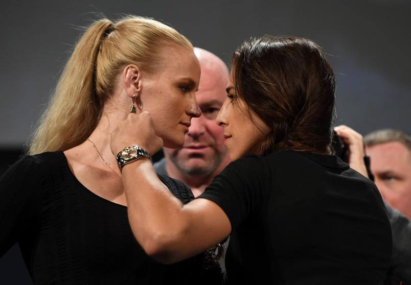 TORONTO, CANADA - DECEMBER 05: (L-R) Opponents Valentina Shevchenko of Kyrgyzstan and Joanna Jedrzejczyk of Poland face off during the UFC 231 Press Conference at the Winter Garden Theatre on December 5, 2018 in Toronto, Ontario, Canada. (Photo by Josh Hedges/Zuffa LLC/Zuffa LLC via Getty Images)
