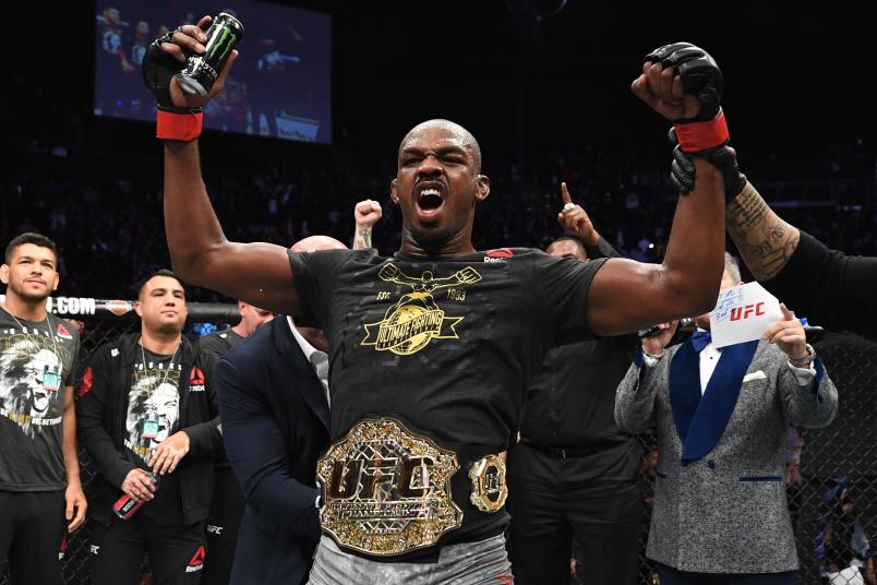 INGLEWOOD, CA - DECEMBER 29: Jon Jones celebrates his KO victory over Alexander Gustafsson of Sweden in their light heavyweight bout during the UFC 232 event inside The Forum on December 29, 2018 in Inglewood, California. (Photo by Josh Hedges/Zuffa LLC/Zuffa LLC via Getty Images)