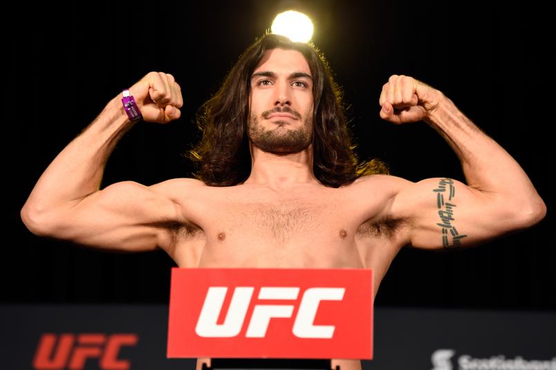 HALIFAX, NS - FEBRUARY 18: Elias Theodorou of Canada poses on the scale during the UFC Fight Night weigh-in at the World Trade Convention Centre on February 18, 2017 in Halifax, Nova Scotia, Canada. (Photo by Josh Hedges/Zuffa LLC/Zuffa LLC via Getty Images)