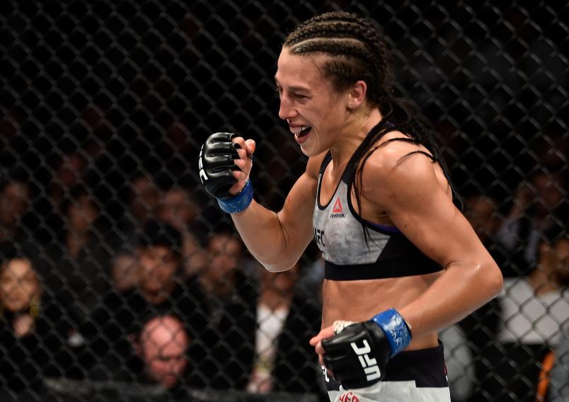 BROOKLYN, NEW YORK - APRIL 07: Joanna Jedrzejczyk of Poland battles Rose Namajunas (not pictured) in their women's strawweight title bout during the UFC 223 event inside Barclays Center on April 7, 2018 in Brooklyn, New York. (Photo by Jeff Bottari/Zuffa LLC/Zuffa LLC via Getty Images)