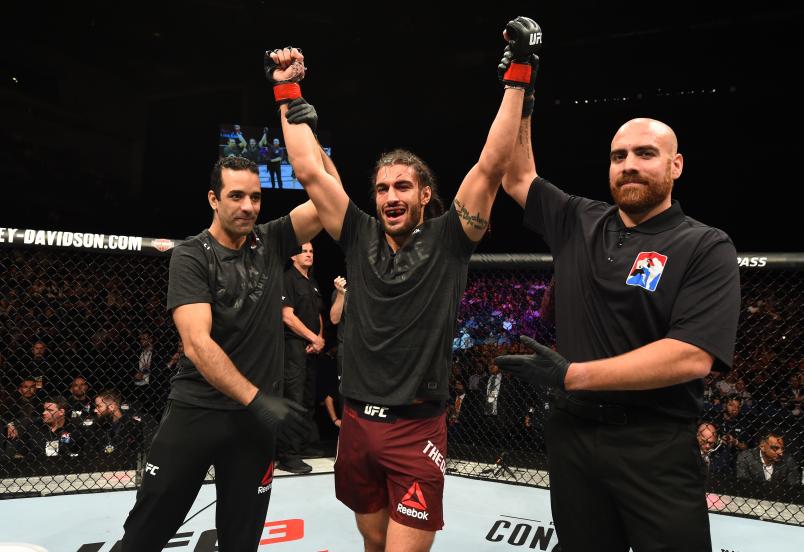 LIVERPOOL, ENGLAND - MAY 27: Elias Theodorou of Canada celebrates his victory over Trevor Smith in their middleweight bout during the UFC Fight Night event at ECHO Arena on May 27, 2018 in Liverpool, England. (Photo by Josh Hedges/Zuffa LLC/Zuffa LLC via Getty Images)