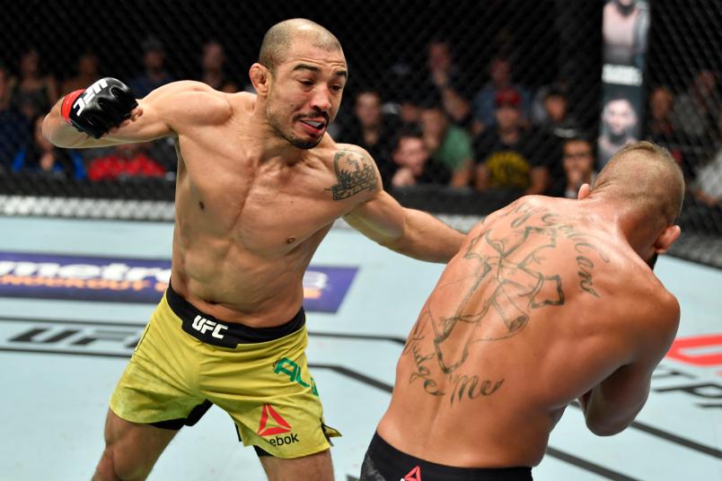CALGARY, AB - JULY 28: (L-R) Jose Aldo of Brazil punches Jeremy Stephens in their featherweight bout during the UFC Fight Night event at Scotiabank Saddledome on July 28, 2018 in Calgary, Alberta, Canada. (Photo by Jeff Bottari/Zuffa LLC/Zuffa LLC via Getty Images)
