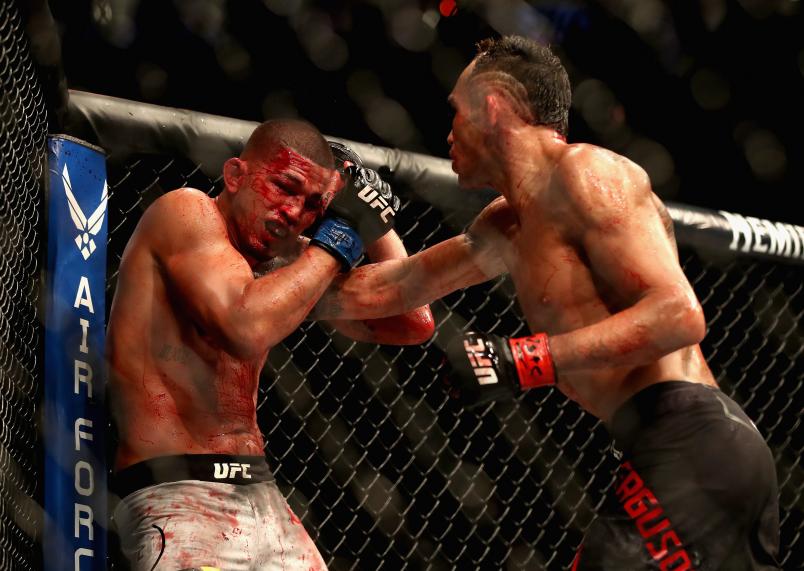 LAS VEGAS, NV - OCTOBER 06: Tony Ferguson (R) punches Anthony Pettis in their lightweight bout during the UFC 229 event inside T-Mobile Arena on October 6, 2018 in Las Vegas, Nevada. (Photo by Christian Petersen/Zuffa LLC/Zuffa LLC)