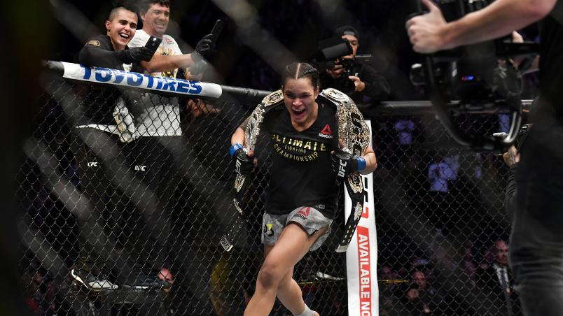 INGLEWOOD, CA - DECEMBER 29: Amanda Nunes of Brazil celebrates after defeating Cris Cyborg of Brazil in their women's featherweight bout during the UFC 232 event inside The Forum on December 29, 2018 in Inglewood, California.(Photo by Brandon Magnus/Zuffa LLC/Zuffa LLC via Getty Images)