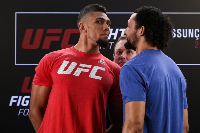 FORTALEZA, BRAZIL - JANUARY 31: (L-R) Opponents Johnny Walker of Brazil and Justin Ledet of the United States face off during the UFC Fight Night ultimate media day at Gran Marquise Hotel on January 31, 2019 in Fortaleza, Brazil. (Photo by Buda Mendes/Zuffa LLC/Zuffa LLC via Getty Images)