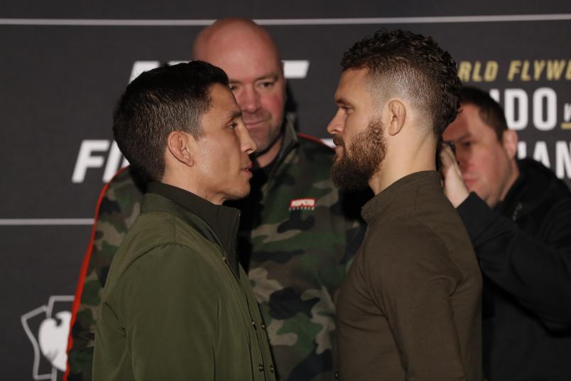 NEW YORK, NEW YORK - JANUARY 17: Joseph Benavidez faces off against Dustin Ortiz during Media Day ahead of UFC Fight Night Cejudo v Dillashaw at the New York Marriott Downtown Financial Ballroom on January 17, 2019 in New York City. (Photo by Michael Owens/Zuffa LLC/Zuffa LLC)
