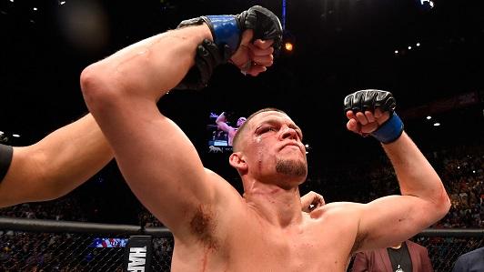 LAS VEGAS, NV - MARCH 05: Nate Diaz reacts to his victory over Conor McGregor of Ireland in their welterweight bout during the UFC 196 event inside MGM Grand Garden Arena on March 5, 2016 in Las Vegas, Nevada. (Photo by Josh Hedges/Zuffa LLC/Zuffa LLC via Getty Images)
