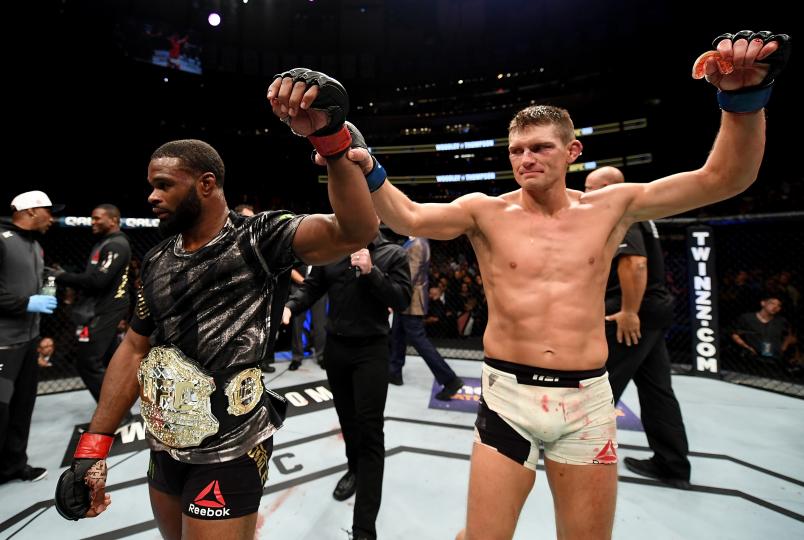 NEW YORK, NY - NOVEMBER 12: Stephen Thompson of the United States (right) and Tyron Woodley of the United States (left) have their fight declared a majority draw in their welterweight championship bout during the UFC 205 event at Madison Square Garden on November 12, 2016 in New York City. (Photo by Jeff Bottari/Zuffa LLC/Zuffa LLC via Getty Images)