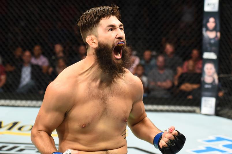 LINCOLN, NE - AUGUST 25: Bryan Barberena celebrates after his TKO victory over Jake Ellenberger in their welterweight fight during the UFC Fight Night event at Pinnacle Bank Arena on August 25, 2018 in Lincoln, Nebraska. (Photo by Josh Hedges/Zuffa LLC/Zuffa LLC via Getty Images)